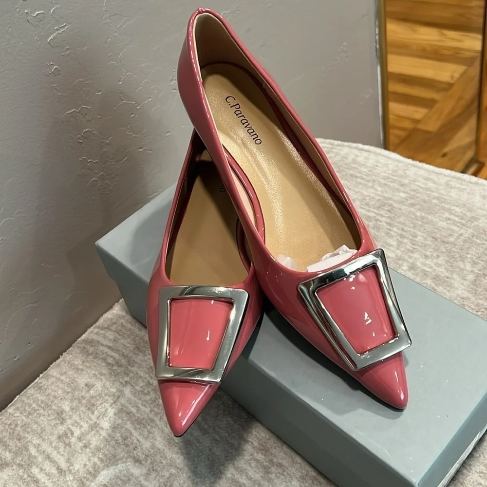 Pointed Toe Pink Vegan Patent Leather Flats with Silver Accent Size 37 It#P03